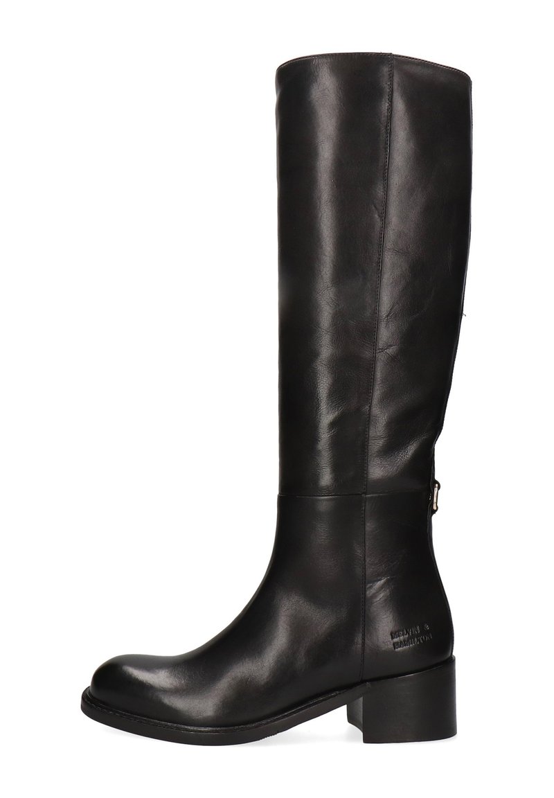Bota negra de cuero hasta la rodilla con punta redondeada, cremallera lateral y tacón bajo cuadrado. Textura suave, detalles mínimos, diseño elegante.
