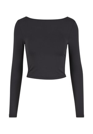 Juodas trumpas viršus ilgomis rankovėmis, pagamintas iš lygaus, tampraus audinio. Keturias plačią, valtimi formuotą kaklo iškirptę ir prigludusią siluetą.