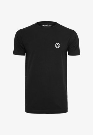 Schwarzes Baumwoll-T-Shirt mit rundem Ausschnitt und kurzen Ärmeln. Verfügt über ein kleines weißes, rundes Logo auf der linken Brustseite.