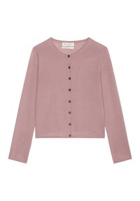 Cardigan à manches longues rose clair en matière douce, doté d'un col rond et de boutons noirs sur le devant, avec un petit logo sur la manche.