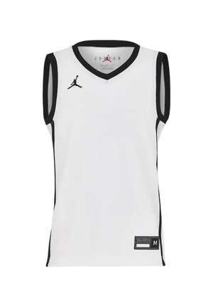 Weißes ärmelloses Basketballtrikot mit schwarzem Besatz, schwarzem Jumpman-Logo auf der Brust und Größenschild am unteren linken Saum.