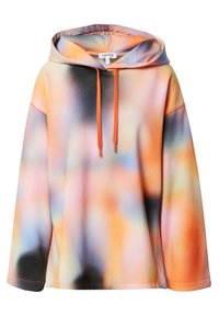 Sweat à capuche ample avec motif tie-dye flou multicolore en orange, rose, noir et bleu, avec des cordons de serrage orange et une capuche.