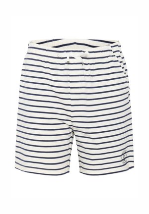 Gestreifte Badehosen in Weiß und Marineblau, mit einem elastischen Bund und Kordelzug sowie einem kleinen Logodetail an der unteren Vorderseite.
