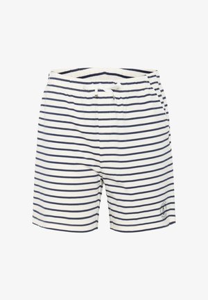 Stribede badetights i hvid og marineblå, med en elastisk talje og snøre, samt en lille logodetalje på den nederste front.