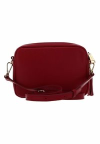 Borsa a tracolla rossa in pelle con forma rettangolare, chiusura con zip, tracolla regolabile e dettagli in metallo dorato. Texture liscia.
