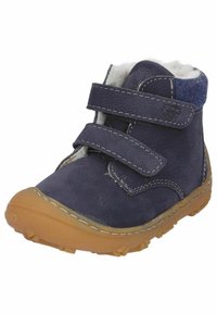 Marineblaue Lederkinderschuhe mit zwei Klettverschlüssen, weicher Innenausstattung und Gummisohle mit strukturiertem Grip. Mit Kontrastnähten.