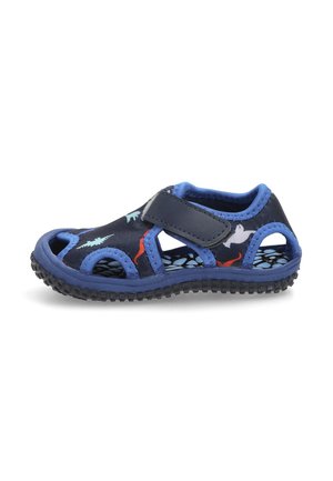 Sandalia infantil de color azul marino con una correa de Velcro, que presenta patrones submarinos coloridos, secciones troqueladas y una suela de goma texturizada.