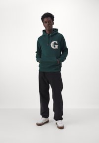 Giovane uomo che indossa un felpa verde scuro con il logo "GANT", pantaloni neri larghi e sneakers bianche, in piedi contro uno sfondo bianco uniforme.