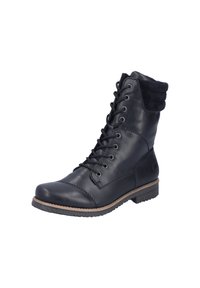 Czarne botki za kostkę z gładkiej skóry, zawiązywane, z wyściełanym kołnierzem i teksturowaną podeszwą zapewniającą przyczepność.