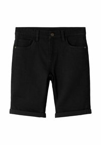 Fekete farmer rövidnadrág elülső gombos záródással, öt zsebbel és felhajtott szegéllyel, minimális varrással és fém részletekkel.