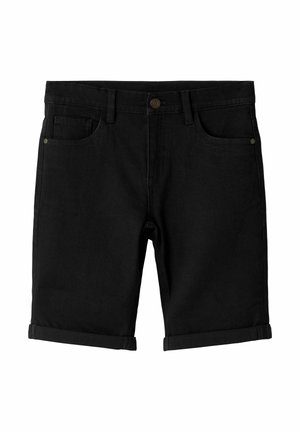 Pantaloncini in denim nero con chiusura frontale a bottoni, cinque tasche e orli risvoltati, caratterizzati da cuciture minime e dettagli in metallo.