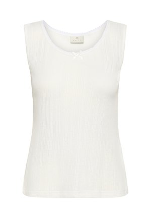 Witte mouwloze top met een geribbelde textuur, ronde halslijn en een delicate kanten rand met een strikversiering in het midden.