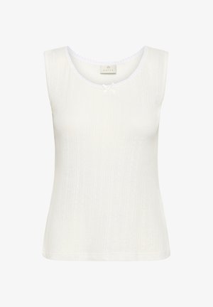 Vitt ärmlöst linne med ribbat mönster, rund halsringning och en detaljerad spetskant med en rosettdekoration i mitten.