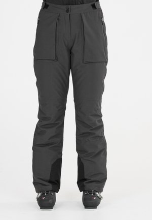 Schwarze wasserdichte Skihosen mit geradem Schnitt, zwei Fronttaschen, verstärkten Bündchen und nahtlosem Design an den Knien. Strukturierten Stoff.