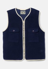 Jūras zila vilnas jaka ar krēmkrāsas apdari, apaļu apkakli, priekšējo rāvējslēdzēju un divām pogām aizdarām pagarinājumam. Mīksta faktūra un ikdienišķs dizains.