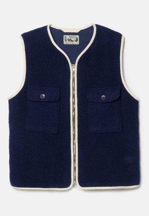 Jūrų laivyno vilnonis liemenė su grietinėlės spalvos apvadu, apvalia apykakle, priekiniais užtrauktukais ir dviem mygtukinėmis kišenėmis. Minkšta tekstūra ir atsitiktinis dizainas.