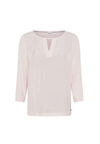 Helles rosa, langärmeliges Oberteil aus glatter Stoffqualität mit V-Ausschnitt und leichtem Glanz. Hat eine lockere Passform und keine zusätzlichen Muster oder Akzente.