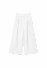 Culottes en lin blanc avec une coupe à jambe large. Dotées de plis à la taille et d'une fermeture à double bouton. Texture lisse et coupe à longueur genou.