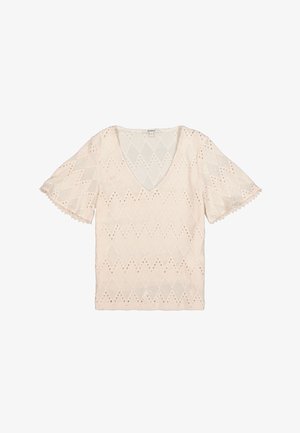 Cremefarbene Bluse mit kurzen Ärmeln, V-Ausschnitt, Lochmuster in Rautendesign und gewellten Abschlüssen an den Ärmeln, gefertigt aus leichtem Stoff.