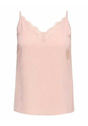 Camisole rose pâle sans manches avec bretelles fines ajustables et bordure en dentelle le long du décolleté en V, présentant un tissu subtilement texturé.