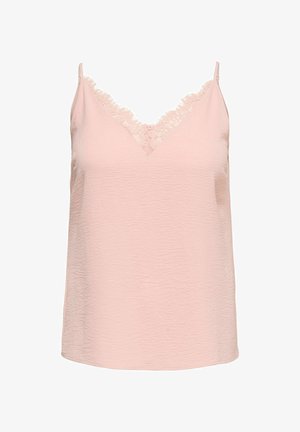 Svjetloružičasta bezrukavka s podesivim tankim naramenicama i čipkom uz V-izrez, izrađena od suptilnog teksturiranog materijala.