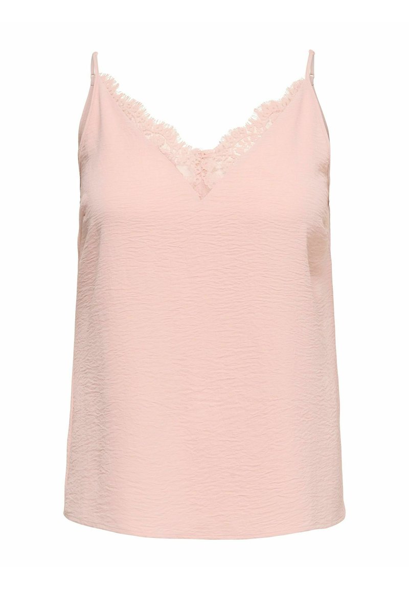 Maiou roz deschis fără mâneci, cu bretele subțiri reglabile și dantelă de-a lungul decolteului în formă de V, realizat dintr-un material ușor texturat.