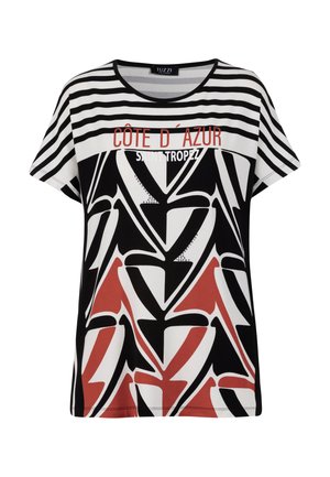 T-shirt à rayures horizontales noires et blanches sur le haut, motif abstrait noir et terre cuite en dessous, texte "Côte d'Azur Saint Tropez" sur la poitrine.