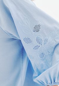 Blusa azzurro chiaro con ricamo floreale sulla manica e dettagli a intaglio. La manica presenta un polsino arricciato e una texture liscia.