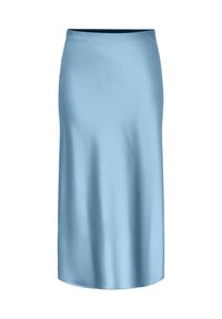 Vaaleansininen satiinihame, jossa on sileä tekstuuri, polvipituinen malli ja suora siluetti. Ominaisuuksiin kuuluu hillitty vyötärönauha ilman koristuksia.