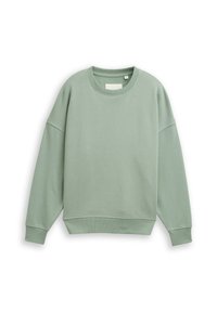 Groene sweatshirt van zachte stof, met een ronde hals, verlaagde schouders en geribbelde manchetten met een soepele textuur.