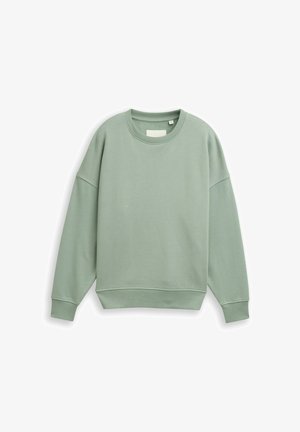 Grüner Sweatshirt aus weichem Stoff, mit Rundhalsausschnitt, überschnittenen Schultern und gerippten Bündchen mit glatter Textur.