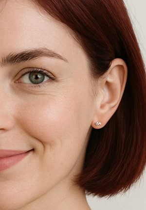 Orecchini a forma di perno in argento con un semplice design curvo, indossati su capelli corti e castano ramato, che mettono in risalto una pelle liscia e un aspetto naturale.