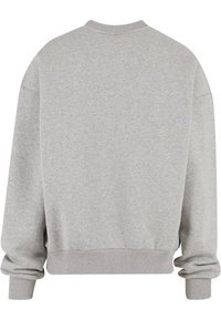 Sweat-shirt gris clair à col rond, manches longues, poignets côtelés et ourlet côtelé, vu de dos.