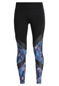 Černé legíny s živým tropickým vzorem listů v modré a fialové barvě, s pevným černým bočním panelem a hladkým, pružným materiálem.