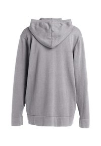Felpa grigia con cappuccio, maniche lunghe e polsini a costine. Il tessuto sembra morbido e testurizzato, con un design semplice e senza motivi.