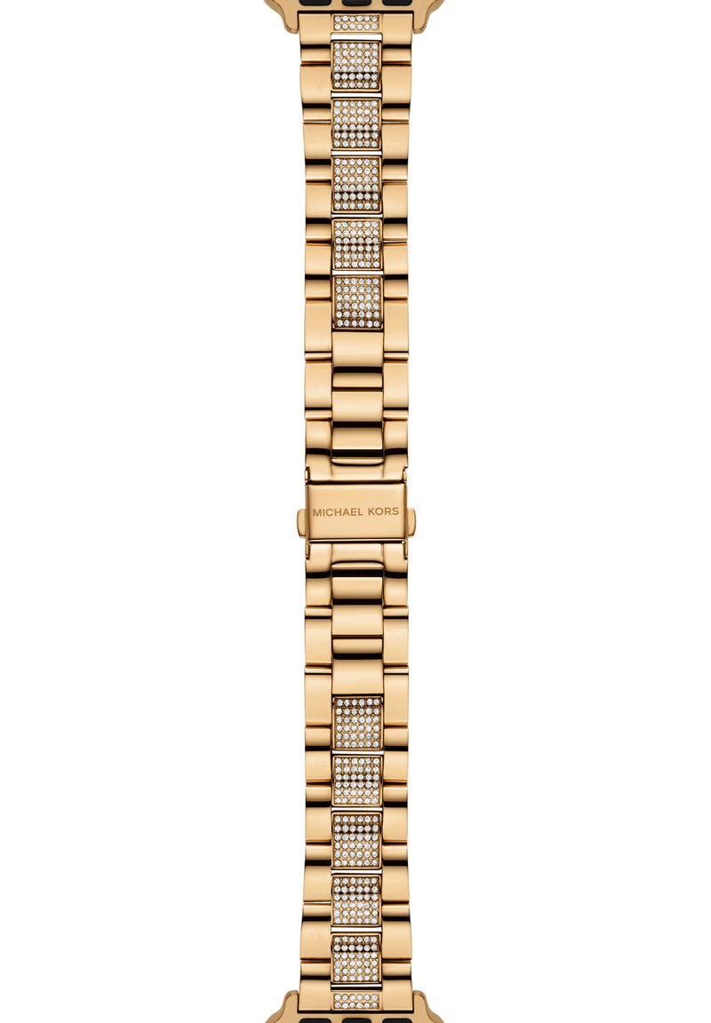 Złota metalowa bransoleta zegarka z prostokątnymi ogniwami, ozdobiona przezroczystymi kryształami w różnych wzorach. Posiada grawerowany napis "Michael Kors" na zapięciu.