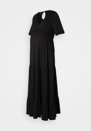 Μαύρο φόρεμα εγκυμοσύνης με κοντά μανίκια, βαθύ V- λαιμόκοψη και λεπτομέρεια με κλειδαρότρυπα στο πίσω μέρος; διαθέτει φαρδιά, ριγέ τελειώματα για σχήμα.