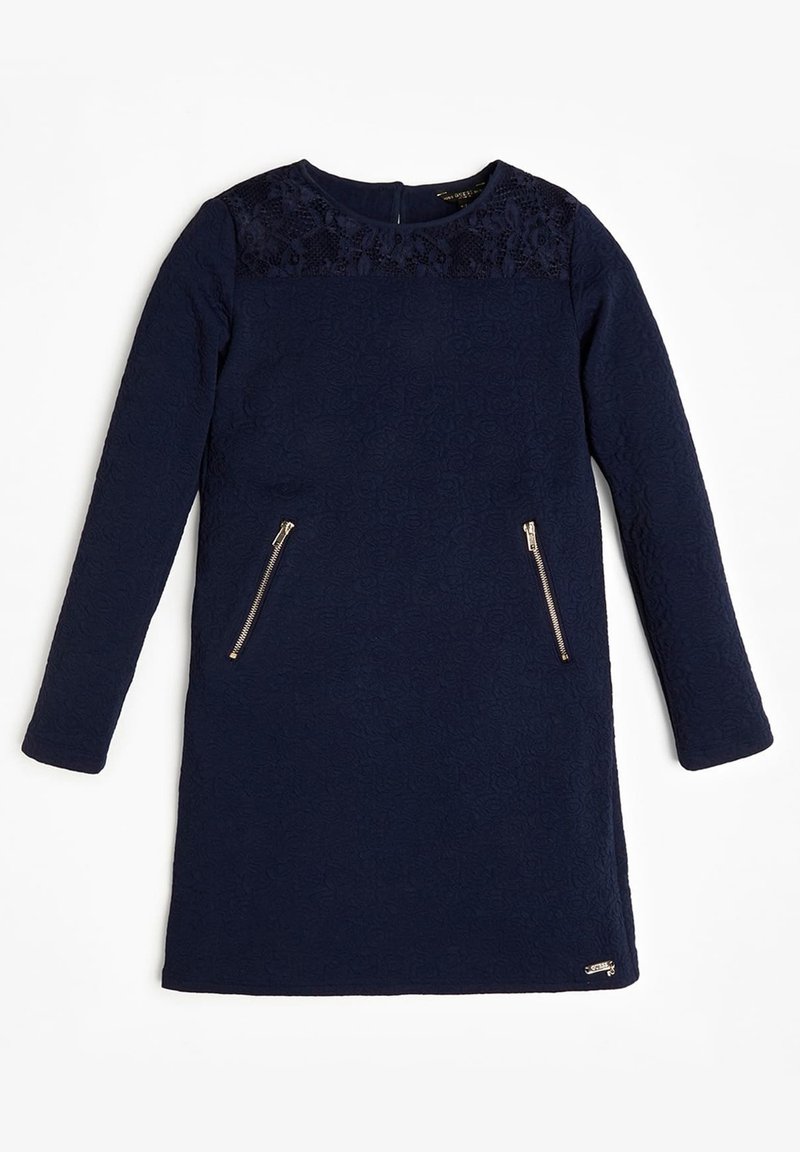 Granatowa sukienka z długim rękawem, zdobiona teksturowanym kwiatowym wzorem, z okrągłym dekoltem i dwoma kieszeniami na zamek. Góra sukienki ozdobiona koronką.