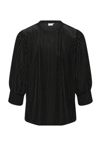 Blusa in velluto nero con righe verticali, collo rotondo e maniche a sbuffo di tre quarti. Texture liscia, vestibilità morbida e leggera lucentezza.