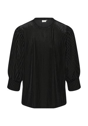 Mustas sametbluus vertikaalsete triipudega, ümmargune kaelus ja kolmeveerandilise puffvarrukaga. Sile tekstuur, lõdva istuvusega ja õrn sära.