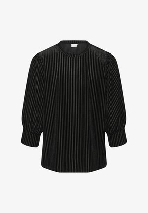 Musta samettipaita, jossa on pystysuorat raidat, pyöreä kaula-aukko ja kolmivartiset puffihihnat. Liukas pinta, rento istuvuus ja hillitty kiilto.