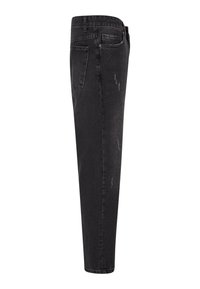 Zwarte denim jeans met een slim fit. Verweerde details op de voorkant van de zakken en de dijen. Enkele achterzak, taps toelopende pijp, reguliere tailleband.