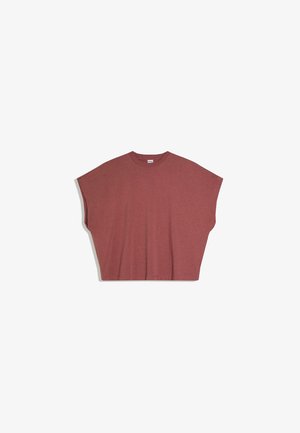 Boxy Kurzarmtop in gedämpftem Rosa, Rundhalsausschnitt, aus weichem Stoff, flach auf weißem Hintergrund dargestellt.