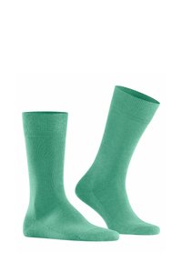 Groene katoenen sokken met een gladde textuur, geribbelde boorden en een eenvoudig ontwerp, met een gemiddelde hoogte en verstevigde teen en hiel.