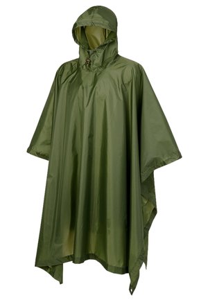 Grüner wasserdichter Poncho aus leichtem Stoff. Verfügt über eine Kapuze, lockere Passform und Druckknöpfe am Hals. Glatte Textur und keine Muster.