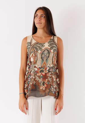Top senza maniche beige con un motivo floreale in tonalità terrose. Presenta una vestibilità ampia e un tessuto morbido con scollatura rotonda.