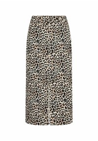 Midikleid aus Leopardenmuster mit neutralem Grundton und schwarzen sowie braunen Flecken, gerader Schnitt, elastischem Bund und subtiler Vorderlänge.