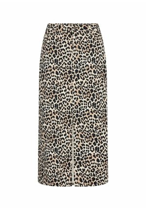 Midikleid aus Leopardenmuster mit neutralem Grundton und schwarzen sowie braunen Flecken, gerader Schnitt, elastischem Bund und subtiler Vorderlänge.