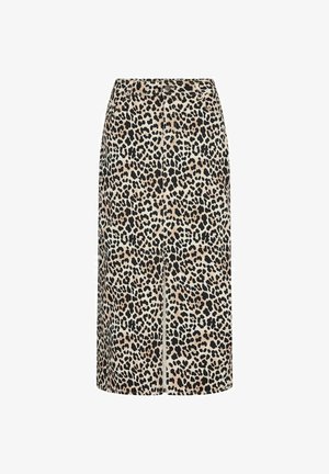 Midikleid aus Leopardenmuster mit neutralem Grundton und schwarzen sowie braunen Flecken, gerader Schnitt, elastischem Bund und subtiler Vorderlänge.