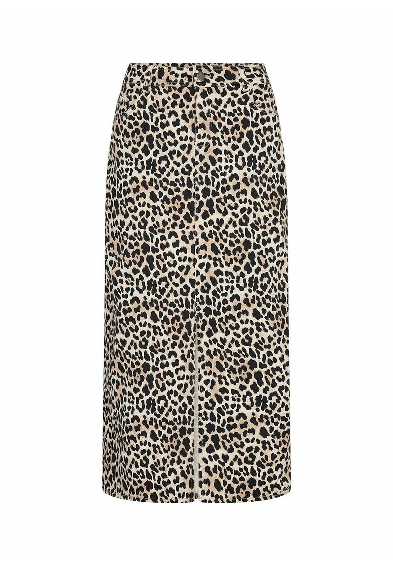 Midikleid aus Leopardenmuster mit neutralem Grundton und schwarzen sowie braunen Flecken, gerader Schnitt, elastischem Bund und subtiler Vorderlänge.